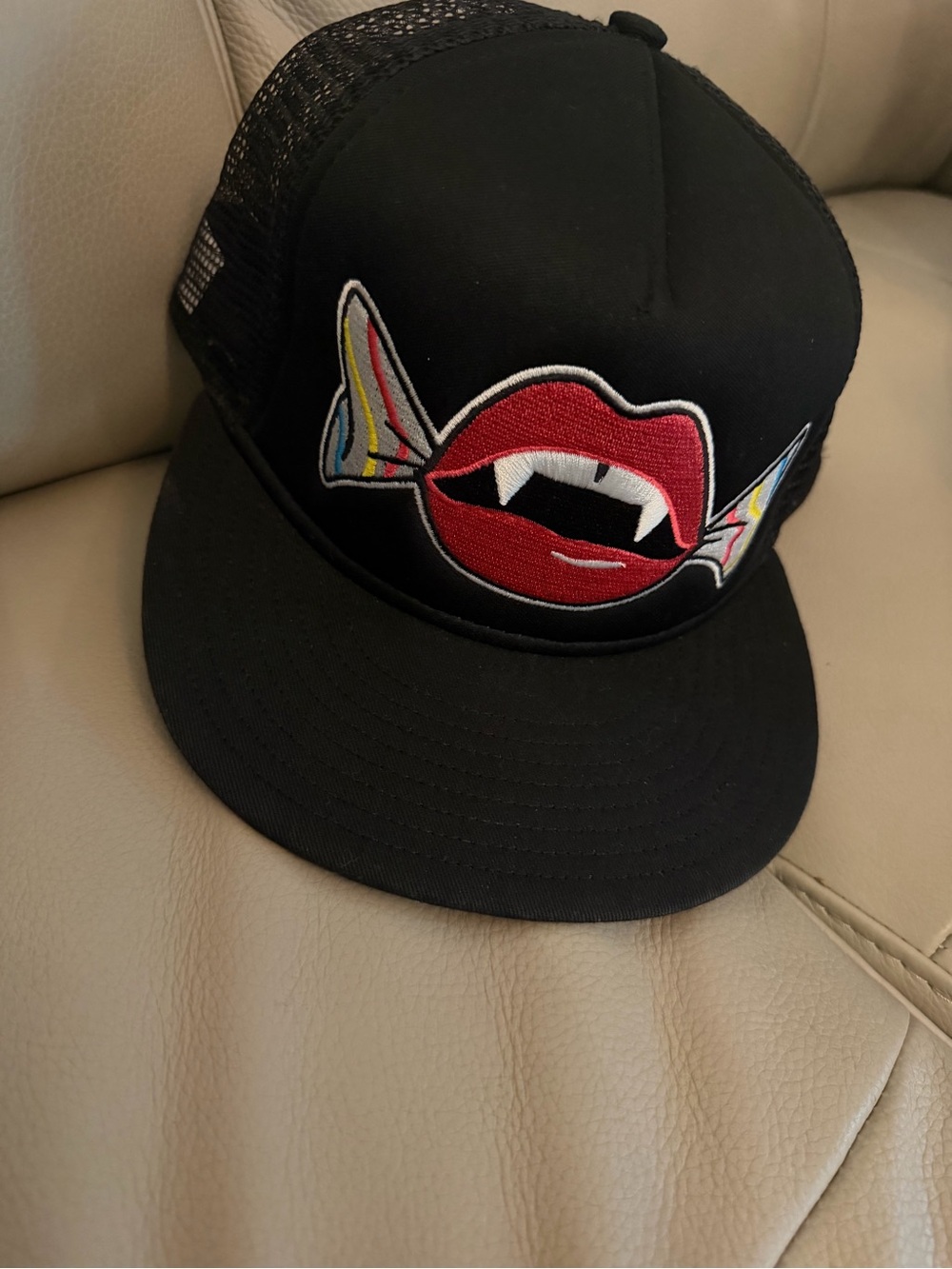 Kids Black Trucker Hat with Red Vampire Lips Patch